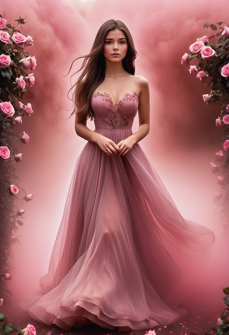 score_9, score_8_up, score_7_up, score_6_up, score_5_up, score_4_up, 1girl, the dress is surrounded by pink mist  <lora:heartmiststyle-000001:0.9>, 24yo woman, brown hair, long straight hair, brown eyes, she is in a magical garden with floating roses, her dress is blowing magically in the wind, the dress is surrounded by pink mist  <lora:seij:0.9>