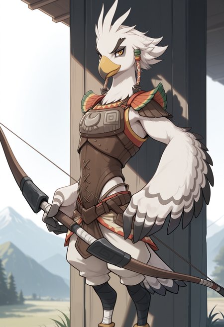 masterpiece,best quality,amazing quality, 1boy, solo, 1boy, t3b4, bow (weapon), bird boy, leg bandages, shoulder armor, hair ornament, 