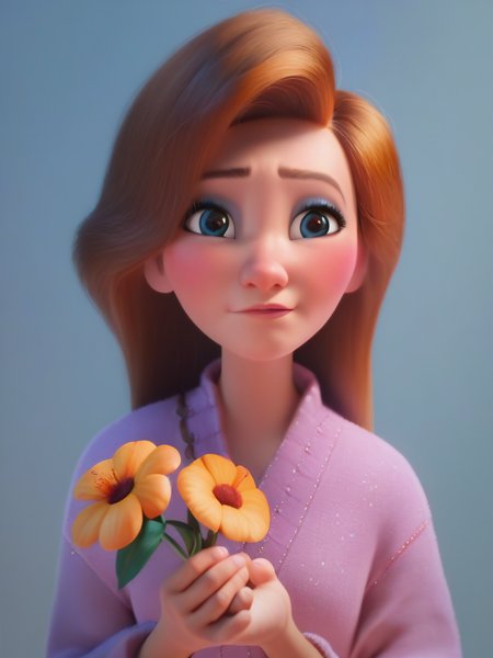 score_9, score_8_up, score_7_up, score_6_up, girl holding a flower, cute, cartoon, looking at viewer, cowboy shot, dynamic angle, cute pose, floating hair, blush, makeup, 
 <lora:DisneyStudios_style:1> DisneyStyleXLP