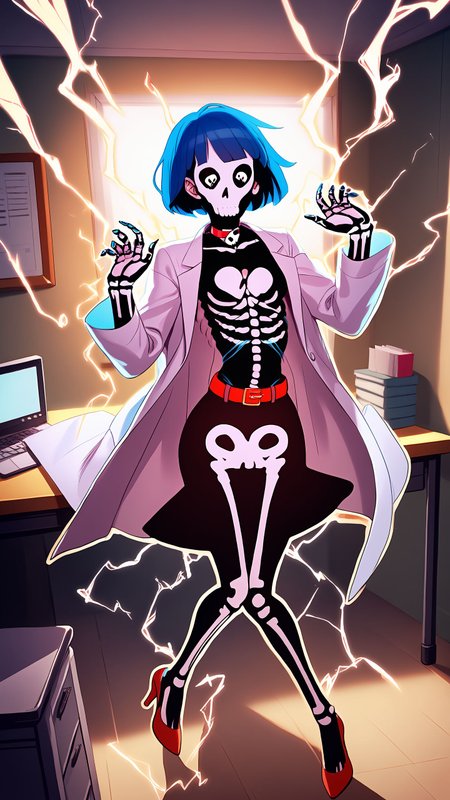((masterpiece)), (top quality), (best quality), (official art, beautiful and aesthetic:1.2), extreme detailed,colorful,
score_9, score_8_up, score_7_up,
source_animate,
zPDXL, zPDXLxxx,
((solo)), (((1girl))),
indoors, clinic,
office desk, computers,
lightning strike,
<lora:zs_TakemiXL:0.1>, takemicasualp5, short hair, bob cut, black hair, blue hair, choker, necklace,
(small breast),smokey eyes,
labcoat, black dress, red belt, cleavage, high heels, black pantyhose,
hands up, jumping,
BREAK
<lora:Beholder_style:0.1>, (outline:1.4), (silhouette:1.4),
<lora:Cartoon_Electrocution:1>, (electrocut1on1.6), (skeleton1.5), (ribs:1.5), (skull:1.5), (electricity:1.5),
BREAK