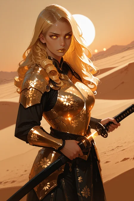 1girl, solo, weapon, katana, unsheathing, golden light, glowing, armor, golden eyes, long curly blonde hair, desert landscape, sunset, golden sand, holding sword, determined expression, golden floral patterns on armor, gold lips, <lora:Detailer_NoobAI_Incrs_v1:0.75>, masterwork, masterpiece, best quality, , dynamic pose,,  dynamic angle, , ,  (lineless:1.2), detailed, depth of field, dynamic lighting, blurry, (cheekbones:0.85), (realistic:1.2)
adult, aged up, ultra-HD, cinematic lighting, photorealistic, (impressionism:1.5), high detail  ,masterpiece, best quality, very aesthetic, 8k,