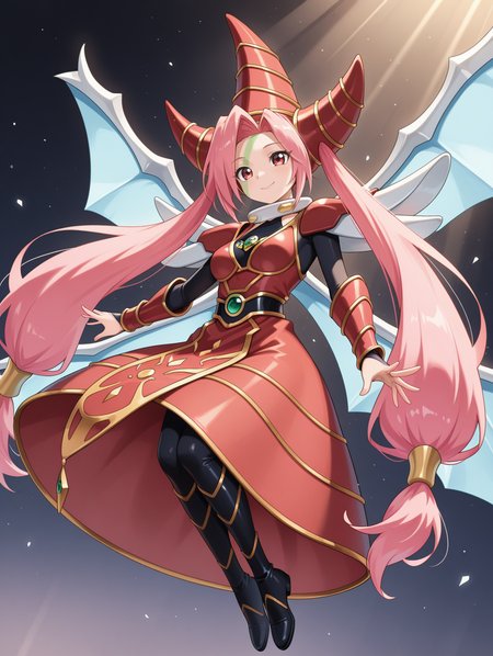 T.G. Wonder Magician, 1girl, solo, smile, twintails, full body, green facial mark, black bodystocking, purple frame, light rays, dragon wings, gold hair tubes, red dress, red gauntlets, floating, red wizard hat, black thigh boots, red shoulder armor,
masterpiece,best quality,amazing quality,very aesthetic,apussbsurdres,newest,<lora:T.G. Wonder Magician illuXL v1:0.75>,