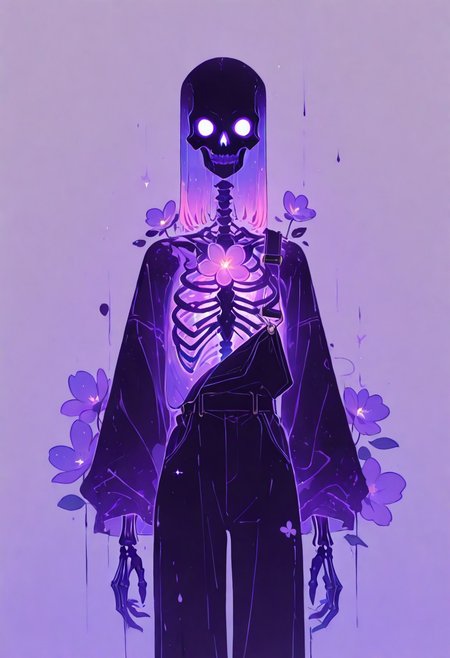 masterpiece, best quality, good quality, newest, highres, absurdres, solo, The image features a striking visual contrast between life and death. A detailed, skeletal hand emerges from a sparse, muted background, which suggests an arid, desolate environment. Nearby, a large, vibrant flower—resembling a lotus—blooms prominently. Its petals are a deep shade of black with hints of purple and blue at the center, emanating an almost ethereal glow. This juxtaposition between the lifeless skeleton and the vivid, enchanting flower suggests themes of beauty arising from decay or the cycle of life and death. In the background, the remnants of a skull hint at a deeper narrative, enhancing the overall atmosphere of mystery and intrigue.