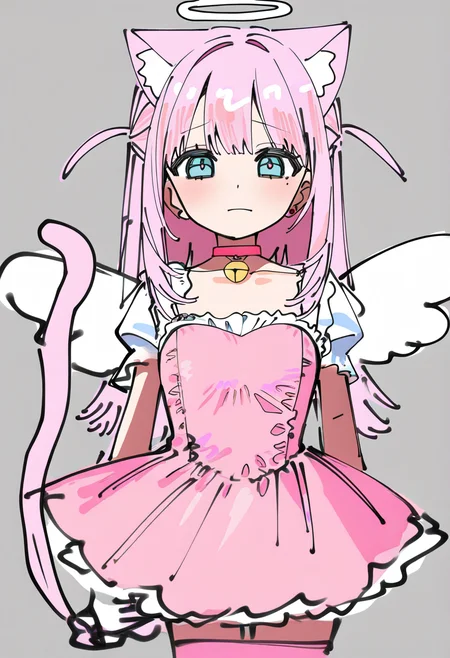 best quality, amazing quality, very aesthetic, absurdres,
BREAK
1girl, angel wings, animal ears, blue eyes, cat ears, cat girl, cat tail, dress, long hair,
looking at viewer, magical girl, pink hair, pink theme, solo, tail, wings, yume kawaii, yume ne,  <lora:DoodleAnimeNoobLocon_byKonan:1>
