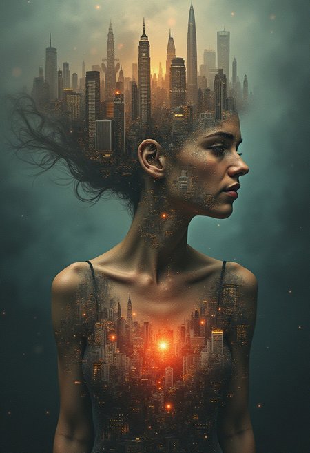 Surreal vision of a woman as the heart of a city, her changing emotions visible in the very architecture of the buildings around her.