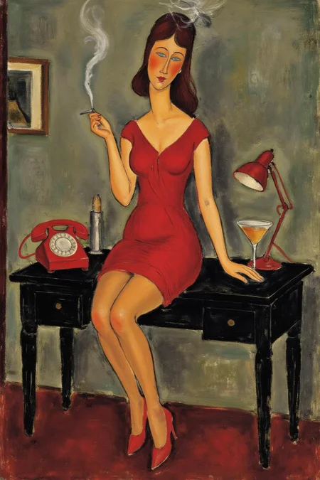 amedeomodigliani1 painting. 
 A woman is sitting on a black desk. She is dressed in a red dress, stockings, and high-heeled shoes. She is holding a cigarette, with smoke rising above her. On the desk are a red rotary telephone, a desk lamp, and a martini glass.
  <lora:amedeomodigliani1_cap_d6a3e8:1.0><lora:847309163074693175:0>