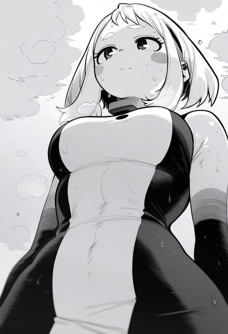 flatshinyskin, score_9, score_8_up, score_7_up , 1girl, 1girl, mosaic censoring, slight seductive pose,, medium breasts, sweating, breasts,, long skirt, 1girl, solo focus, Upper body, hands behind, wet, sweaty, sweating, steam, lying on back, low angle, under boobs, 
ochako_uraraka, 1girl, score_9, score_8_up, score_7_up, Monochrome, MANGASTYLE ,bodysuit, solo focus, perfect body, curvey, thick waist, thick body, skin tight dress, , front view, front focus,
 ((facing up, looking upwards)), arched back, leaning backwards