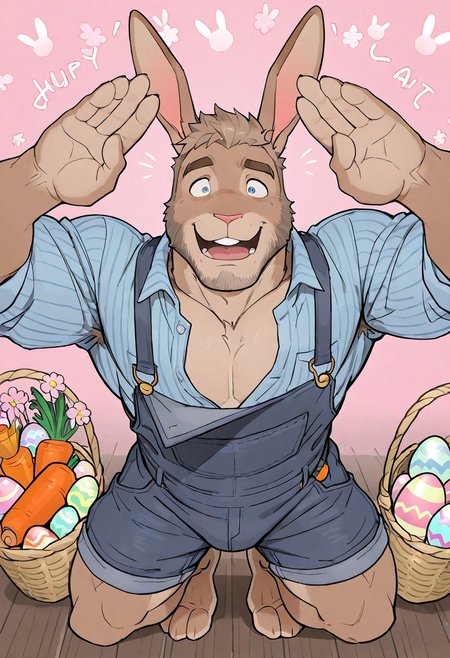 very awa, masterpiece, best quality, absurdres, newest, perfect quality, intricate details, male focus, m/m, male, human face, anthro rabbit, rabbit ears. b4cc4r4t, rabbit boy.
Teal rabbit, bunny ears, rabbit legs, lucky rabbit feet, facial hair, furry legs, light brown skin, human face, masculine. age 25, body hair, stubble, beard, half buttoned jean overalls
Large Easter eggs, carrots, spring flowers.