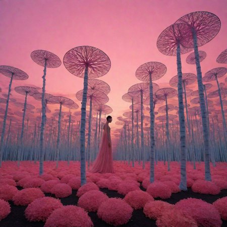 A surrealistic fusion of Reuben Wu's ethereal landscapes with Nick Knight's hyper-realistic models. A Synthetic forest of barcode trees, where creatures with Taro Okamoto's biomechanical limbs frolic and play. The sun sets in vibrant, electric hues, casting long, synthetic shadows that distort the Sharp Focus images of the models. In the distance, a satellite hovers, projecting old school designs onto the landscape, OverallDetail