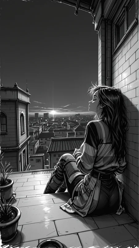 high_quality, highres, detailed, masterpiece, best quality, absurdres,Jedsk5tch, sketch, black and white,woman,sitting, against wall, rooftop at dusk, wind in hair, layered futuristic clothing, high angle shot, sideview,  <lora:SketchStyle-000015:1>