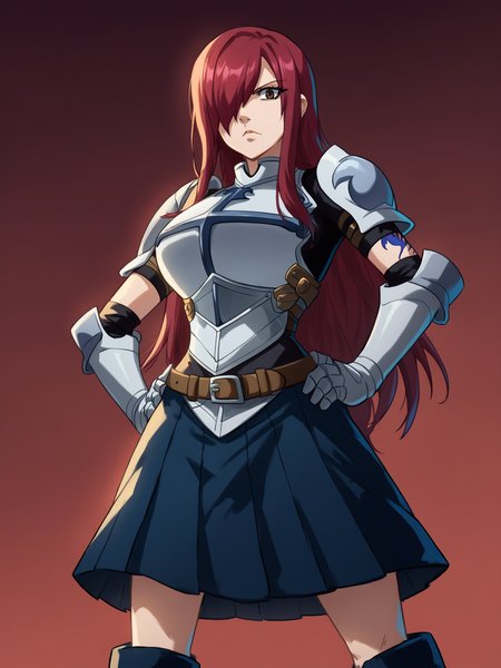score_9, score_8_up, score_8, score_9, score_8_up, score_7_up,zPDXL2, source_anime,
erzaxl, 1girl, solo, long hair, looking at viewer, brown eyes, large breasts, hair over one eye,
erzaxl,  outdoors,skirt, boots, belt, armor, tattoo, night, gauntlets, hands on hips
red background, gradient background,
<lora:erzaxl:0.9>,