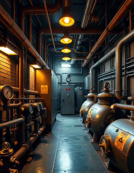 A highly detailed and realistic photograph of an industrial boiler room filled with large metal boilers, complex pipe systems, and pressure gauges. The room is dimly lit with a mix of warm yellow lighting from overhead industrial lamps and cool blue reflections from metallic surfaces. The air is slightly hazy with steam escaping from some of the pipes. The floor is made of reinforced concrete with visible stains from oil and water. Various control panels with blinking LED indicators and warning signs are mounted on the walls. The atmosphere is rugged and mechanical, evoking a sense of power and industrial efficiency. The depth of field is sharp, capturing intricate details such as rust on old pipes, the texture of the metal surfaces, and the labels on the control panels. The composition emphasizes symmetry, with pipes and machinery creating a structured, almost futuristic aesthetic. 
<lora:SDXLFaeTastic2400:0.4> <lora:extremely_detailed:0.4> extremely detailed,<lora:industrial_boiler_room:1>,industrial b01l3r r00m, Masterpiece,best quality,hi res,8k,hi res,8k,award winning,(sharp focus, intricate, highly detailed),