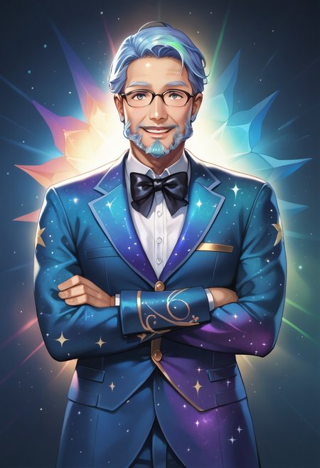 score_10, score_9_up, score_8_up, score_7_up, score_6_up, vibrant colors, shiny skin, prefect lighting, detailed image, snoozing, masterpiece, best quality, highly detailed, ultra quality, BREAK, 
<lora:galaxyXLP:1> galaxy, 
1man, solo,, old man, Glasses, beard,, detailed face, smiling, jewelry ,,suit made of galaxy, black bow tie, ((clothes made of galaxy)),  
looking at viewer, detailed background , indoors , cinematic composition , dynamic pose , Arms crossed ,
