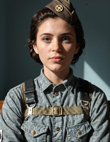 <lora:Rainbow_Six_Siege_French_girl_101_pony_r1:0.8> frenchgirlrainbow101  sitting score_9, score_8_up, score_8, score_9, 2K, realistic, raw, hyper-realistic, <lora:Dramatic Lighting Slider:2> gothic clothes ,Low-angle medium close-up capturing a , damp brown hair in a army base next to a tank foreground. Background: indistinct industrial streetscape dissolves into dense, cool teal fog. Cinematic realism, evoking a gritty indie film still. Palette dominated by muted indigo denim and teal-grey haze, punctuated by earthy rust and pale skin tones under flat, overcast diffused lighting that enhances the melancholic, isolated mood. Textures: stringy wet hair, weathered denim, rough flaking rust.