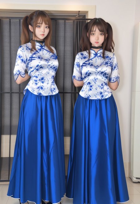 full body,2 girls,side by side, one girl Body facing front,((the other girl Body facing back)), blush,black collar,arms behind back,wrist hung up the collar behind by Black nylon tape,white Chinese style blouse, breasts apart,large breasts, small waist,great hips,blue silk maxi skirt,The fabric of the dress is smooth and flat,Black high heels