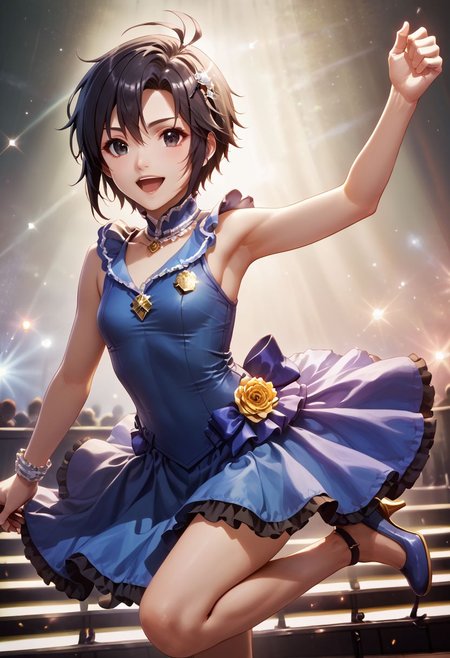 score_9,score_8_up,score_7_up,score_6_up,source_anime, <lora:Worldly_XL:1> (rock concert:1.6),
1girl, solo, full figure, dynamic pose, singing, dancing, <lora:KikuchiMakoto_pony_v1:0.9> kikuchi makoto, kkcmkt, short hair, black hair, antenna hair, hair between eyes, black eyes, flat chest, small breasts,  (idol clothes, long legs:1.2), delicate strappy heels,
hands, <lora:detailed_hands:1.05>
<lora:HandFineTuning_XL:0.55>
<lora:loraeyesxl:0.65>
zPDXL, zPDXL-neg