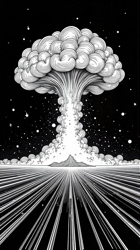 monochrome, lineart, dark, horror, nuclear explosion<lora:vorticaFlux:0.9>