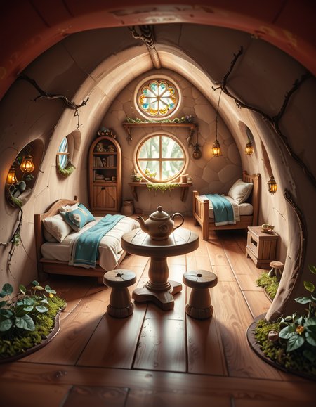 score_9, score_8_up, score_7_up,amazing quality, ultra realistic, 3D, HD, best quality, amazing quality, very aesthetic, absurdres
A highly detailed, realistic photograph of a tiny gnome house nestled at the base of an ancient oak tree, taken in soft morning light with a gentle mist hanging in the air. The house is crafted from natural materials: smooth stones form the lower walls, and curved wooden planks create a round, thatched roof with patches of moss and small wildflowers growing on top. Tiny circular windows with stained glass panels glow faintly from within, casting warm amber and green hues. A miniature wooden door with intricate carvings sits slightly ajar, surrounded by tiny lanterns that hang from delicate hooks, each softly glowing. Around the house, the forest floor is covered in dew-kissed clover, mushrooms of varying sizes and colors, and winding little cobblestone paths. In the background, tall ferns and oversized leaves tower, giving the scene an enchanted, hidden feel. Subtle rays of sunlight break through the canopy above, highlighting fine details with a dreamy, ethereal atmosphere. Hyper-realistic style, high-resolution, rich earthy tones, with an overall cozy and magical woodland vibe. No creatures or people, only nature and the charming architecture of the gnome's home.
<lora:SDXLFaeTastic2400:0.4> <lora:extremely_detailed:0.4> extremely detailed,tiny gnome h0us3 <lora:tiny_gnome_h0us3-p:1>