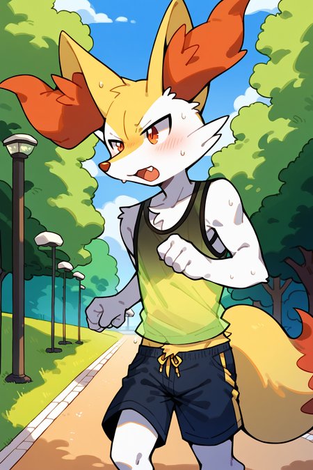 score_9, score_8_up, score_7_up,
((best quality)), absurdres, 
<lora:BraixenPXL:1> braixenpxl, anthro, male, 1boy,
park, jogging, in motion, tank top, short shorts, translucent topwear, sweat, outdoors, half body portrait,
<lora:Smooth Anime Style LoRA XL:0.7> Smooth, Anime, <lora:Expressive_H:1> Expressiveh,