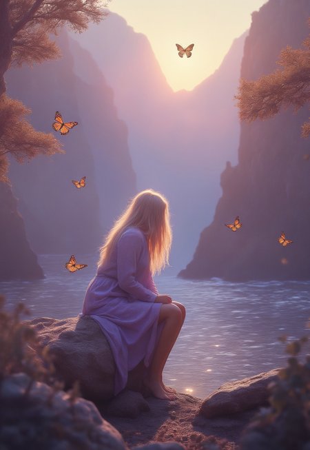 score_7_up, (photorealism:1.5) female, sitting on a rock, 3 magical butterflies flowing around her, reflective expression, gazing at a majestic tree, calm coastal village in the background, soft lighting, vibrant colors, high contrast, hyper-realistic, serene pose, detailed, high-definition, peaceful mood, contemplative atmosphere, slight freckles, long eyelashes, long white hair, glowing purple eyes, raised knee

Background: A serene coastal village nestled between lush green hills and a sparkling blue sea. Rustic wooden houses and vibrant gardens blend with smoke rising from chimneys. A majestic tree stands tall, its branches stretching out. Soft, golden sunlight highlights the tranquil beauty.

The woman sits on a moss-covered rock, her posture relaxed yet contemplative. Her long white hair flows gently, catching the light. Glowing purple eyes gaze at the tree, reflecting wonder. Three magical butterflies with iridescent wings flutter around her. Slight freckles and long eyelashes add natural beauty. Her raised knee and serene pose convey peace.

(8K UHD:1.4).
(((full-clothed))),
 <lora:add-detail-xl:1>
 <lora:Dynamic Poses:1>