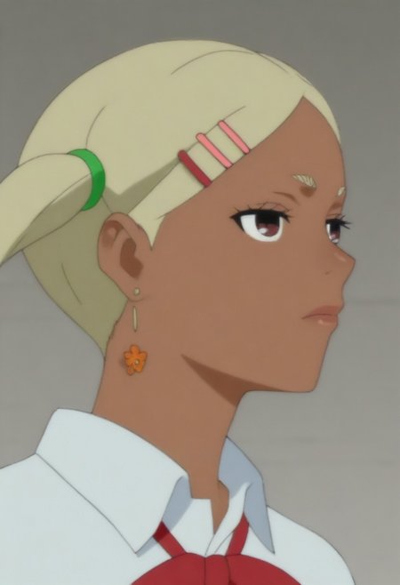masterpiece, best quality, amazing quality,,, shiny skin,,,, <lora:MukoDanda_LW:0.8>, MukoDanda_LW, dark skin, dark-skinned female, blonde hair, earrings, twintails, hairclip, brown eyes, short twintails,, collared shirt, portrait, red bowtie,