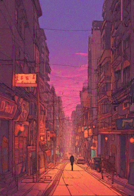Lo-Fi background
Sketchy Lines
Limited Palette
Imperfections 
Expressive Shapes
Muted Tones
Analogous Harmony
Textured Application
Distressed Textures
Low-Tech Materials
Digital Lo-Fi
A lone figure strolled down the deserted street, their footsteps echoing softly against the pavement. The last rays of the sun dipped below the horizon, painting the sky in a mesmerizing blend of deep purple and fiery orange. The city lights began to flicker to life, casting a warm glow on the empty sidewalks and towering buildings. Every detail shimmered with a dreamlike quality, accentuated by the soft hum of distant traffic and the occasional flicker of a neon sign. This was Yofukei at its finest - a melancholic yet strangely beautiful scene where the quiet solitude of the night invited introspection and a yearning for connection amidst the urban sprawl. Every window, bathed in a warm yellow light, hinted at a story waiting to unfold, while the lone figure walking beneath the tapestry of twilight colors became a poignant reminder of the vastness of the city and the fleeting nature of moments.
Empty Street, convenience store  ,dim light street light, black anime solo, sky, cloud, indoors, pillow, no humans, window, bed, moon, curtains, building, scenery, sunset, city, sun, cityscape, bedroom, purple sky