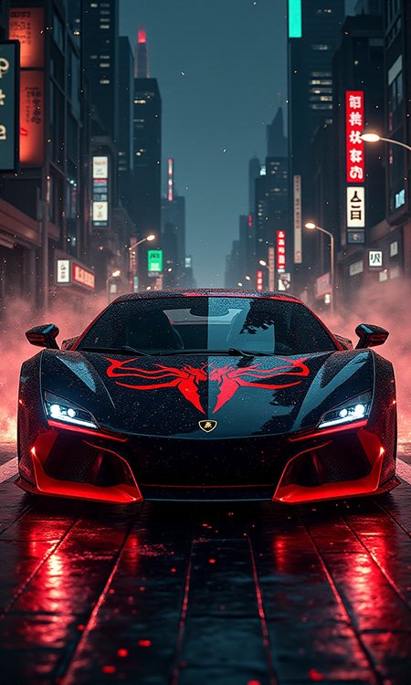 comic HDR photo of metropolis-themed Automotive advertisement style black and red spider modified modern Lamborghini . Sleek, dynamic, professional, commercial, vehicle-focused, high-resolution, highly detailed . urban, cityscape, skyscrapers, modern, futuristic, highly detailed, illustration, old canvas, particles, dark background, art by Earle Bergey, art by Steven DaLuz, art by Ignacio Zuloaga , inspired by Tim and Greg Hildebrandt, style of luis royo, High dynamic range, vivid, rich details, clear shadows and highlights, realistic, intense, enhanced contrast, highly detailed . graphic illustration, comic art, graphic novel art, vibrant, highly detailed
