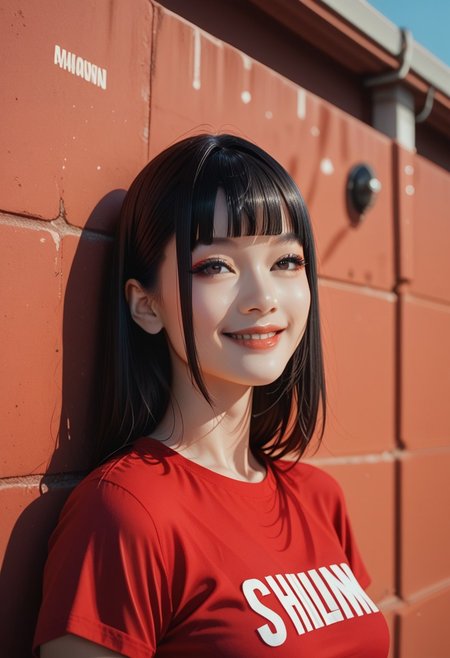 score_9, score_8_up, score_7_up, score_6_up, cinematic, cinema shot, film grain, depth of field, highlights, boke, Shirley, ShirleyRH, Asian, long black hair, straight hair, blunt bangs, almond eyes, Asian eyes, medium breasts, large hips, slender, natural lips, beautiful lips, detailed eyes, posing, beautiful, ((red) cropped t-shirt), heart shaped chocker, posing cute, little smile, closed mouth, back on a wall, graffiti, aesthetic, front view, portrait, upper body, face closeup