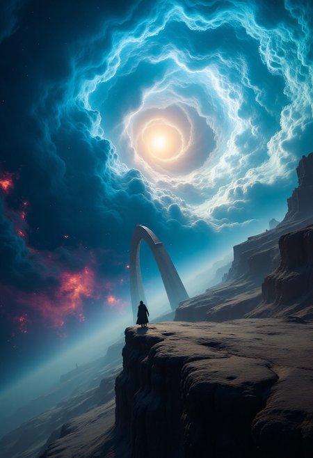 A lone, cloaked figure stands on a narrow cliff edge, dwarfed by an impossibly colossal arching structure in the distance — part monument, part alien ruin — stretching into the horizon. The composition emphasizes verticality, with the figure at the bottom third, and the rest filled by towering scale. Above, the sky churns with swirling, storm-like cosmic clouds — nebula hues of deep blue, burning magenta, and flashes of electric cyan twisting in fluid, spiral forms. The atmosphere is hazy but glowing, and soft rays of light burst through the vortex-like clouds, casting scattered illumination over the vast terrain. Foreground rocks and cliff textures are ultra-detailed, creating grounded contrast to the celestial chaos above.