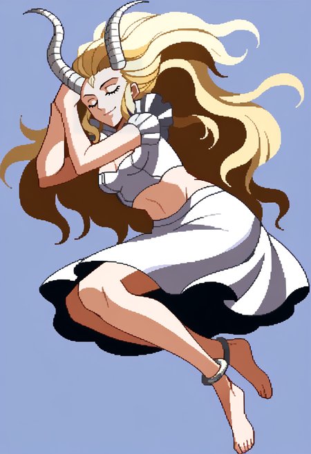 score_9, score_8_up, score_7_up, source_anime, BREAK, solo, 1girl smile, looking at viewer, <lora:Isthar-pdxl_Fp:1>, istharsmt, horns, blonde hair, long hair, closed eyes, midriff, frills, white skirt, <lora:Under-Night-In-Birth-SpritesV2-pdxl_Fp:1>, simple background, full body, floating, anklet, on side, lying, hand in own hair,