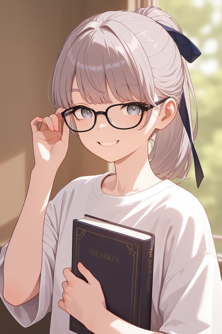 masterpiece, best quality, absurdres, safe
1girl, lapwing, grey hair, grey eyes, ponytail, hair ribbon,
white shirt, t-shirt, adjusting eyewear, glasses, black-framed eyewear, smile, holding book, looking at viewer
<lora:lapwing_il_2_d16:1>