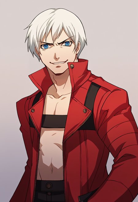 score_9, score_8_up, score_7_up, source_anime, BREAK, solo, 1boy, looking at viewer, smirk, <lora:P3-Portraits-pdxl_Fp:1>, simple background, <lora:dmc3_dante_ponyXL:1>, dmc3dante, red coat, bandeau, standing, white hair, blue eyes,