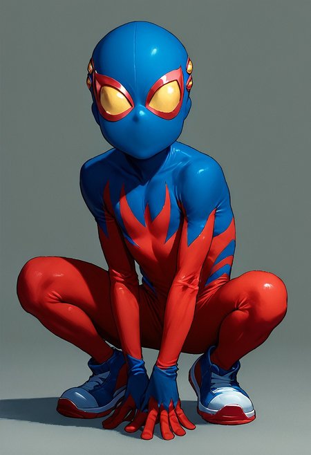 score_9, score_8_up, score_7_up,1boy, solo, cute boy, Spider-Boy Costume, Sneakers, mask, crouching,