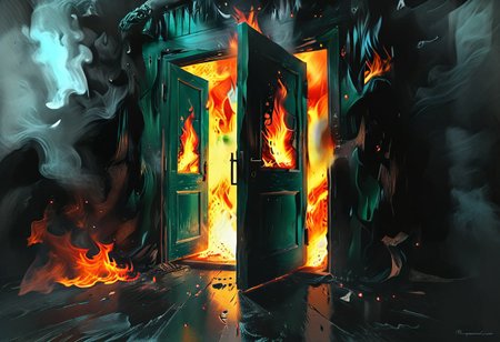 <lora:flame silhouette:1>,  <lora:flame:1>, flame,
burning office green door, office,
graphic style of novel comics, perfect hands, 2d,
8k, hyperrealism, masterpiece, high resolution, best quality, ultra-detailed, super realistic, Hyperrealistic art, high-quality, ultra high res, highest detailed, lot of details, Extremely high-resolution details, incredibly lifelike, colourful, soft cinematic light,