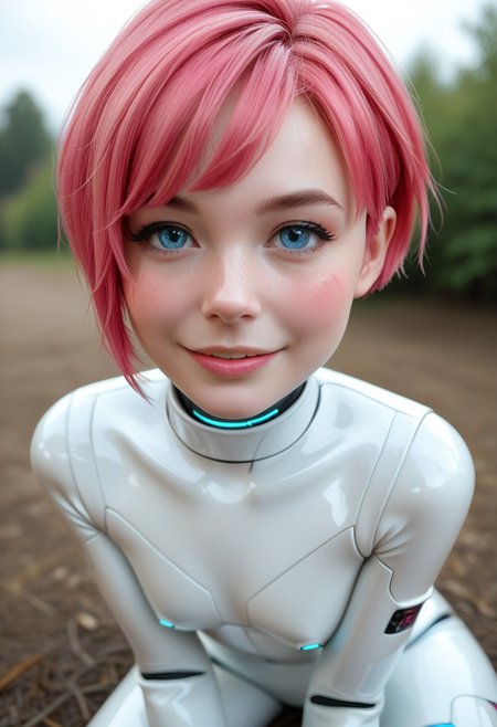 score_4,score_5,score_6,score_7_up,score_8_up,score_9 ((masterpiece,best quality,ultra detailed,highres,HD,4k:1.2)), 
outdoor,
1girl,solo,gir focu,solo focus,face focus,
((android,robot girl,colored skin,white skin,very short hair)),pink hair,bungs,blue eyes,
bodysuit,elbow gloves,thighhighs,thigh boots,
looking at viewer,blush,shy,smile,
looking at viewer,shy,blush,smile, realistic