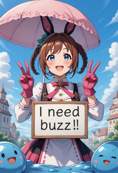 ,(need_buzz, holding sign, slime-morph) umamusume, tokai_teio_(umamusume),1girl, source_anime, holding umbrella, looking up, puzzle pieces falling from the sky, 1girl, pink_gloves, blue_eyes, brown_hair, double_v, gloves,  bunny_ears, bunny_girl, bunny_tail, long_hair, looking_at_viewer, mismatched_gloves, open_mouth, braided pigtail, , smile, tail, v, pink_gloves,,
