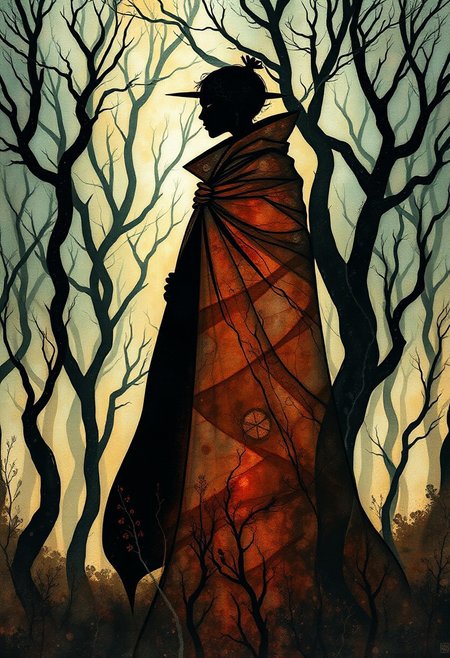 A mysterious fashion-forward figure in a billowing cloak standing in a glowing, misty forest, their silhouette sharply defined by  deep shadows while the trees twist and bend in whimsical style., mixed media, fluid ink work, tea and alcohol stains, intricate linework, surreal elements, ethereal portraits, organic patterns, vibrant colors, flowing compositions, dreamlike aesthetics, abstract realism, layered textures, expressive forms, botanical motifs.
Venetian Renaissance painting, mystical allegory, dark surreal storytelling, sfumato technique, poetic atmospheric landscapes, rich layered symbolism, esoteric mythology, dreamlike realism, cosmic horror undertones, enigmatic figures, painterly textures, philosophical depth, reality and illusion blurred, ancient mythic storytelling, introspective narrative composition