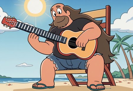 male focus, solo, sandals, shirt, shorts, brown hair, black shirt, facial hair, long hair, flip-flops, short sleeves, flat color, beard, fat, detail background, 4k, masterpiece, best quality, highly detailed, sitting in a beach chair with a guitar, looking at the horizon as the sun sets. The perspective is from a low angle, capturing the ocean and the sunset behind it.