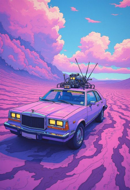 oil painting,Fantastical a 1970s car,Swirling Lavender,unreal engine,beautiful,masterpiece,exquisite color,fabulous colors,professional fine composition,grand illumination,dynamic cinematic perfect background,intricate artistic color,magical,intricate,illustrious,cute,fertile,anime, cyberpunk
