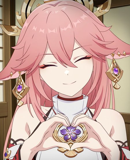 masterpiece, best quality, amazing quality, highres, absurdres, <lora:Eufoniuzs_Anime_Screencap_illustrious_2:1>, flat color, anime screencap, anime coloring, yae miko, detached sleeves, chinese clothes, heart hands, portrait, looking at viewer, smile, closed eyes, head tilt,