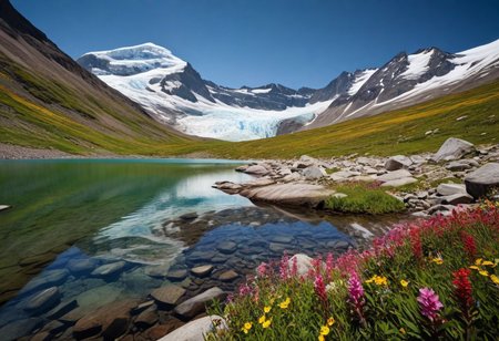 (no humans, Environmental Portraiture, Naturalistic outdoors, environment, reflecting lifestyle), (a mountain glaciar melting surrounded by colorful flowers and herbs, clear water, (stony bottom visible:1.06), (high resolution), (high definition), sandbank birches, mountain meadow,)rim lighting, soft bokeh perfect details, perfect shadows, (dappled sunlight:1.12), light rays, particle lighting, high details, (reflective body decorations), (pui:0.01) (trending:0.92) )(RAW:0.96),subsurface tering,(high resolution photograph:1.28),high definition,masterpiece, <lora:LCMTurboMix_Euler_A_fix.safetensors:0.96:0.3>  p8,s1