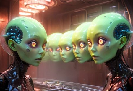 Masterpiece, ultra-detailed, best quality, 8K, absolutely eye-catching, multiple girls, alienworld, surreal, magic, science,
aliens, disembodied_head_smooth_shoulder