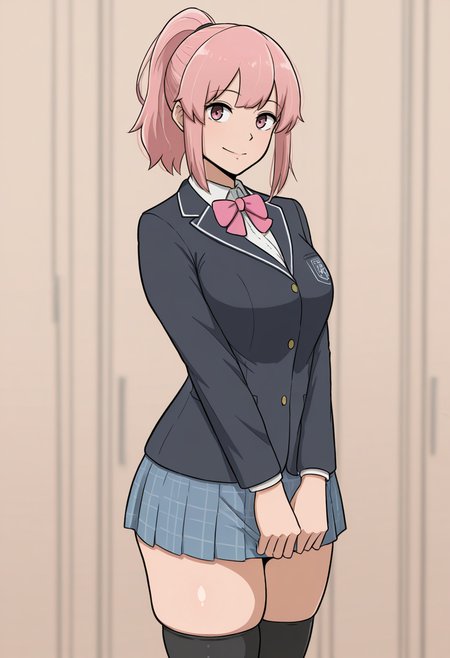 masterpiece, best quality,
 <lora:Leeoekakiiiii:1> L3303k4k11111,  1girl, solo,standing,looking at viewer, happy, closed mouth,pink hair, ponytail, pink eyes,school uniform, bow, long sleeves, skirt, skindentation, thighhighs,