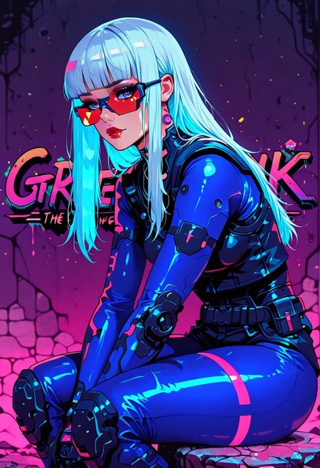 in the style of cksc, in the style of cknc, in the style of ck-rw, artist:moriimee, masterpiece, best quality, good quality, very aesthetic, absurdres, newest, 8K, depth of field, focused subject,
stylized, in black and neon shades, dark eyeshadow, red lips, long flowing silver and blue bioluminescent hair, bangs, asian female cyberpunk girl, red and blue bodysuit, sitting leaning against stone wall with anime graffiti, viewed from side, looking at viewer