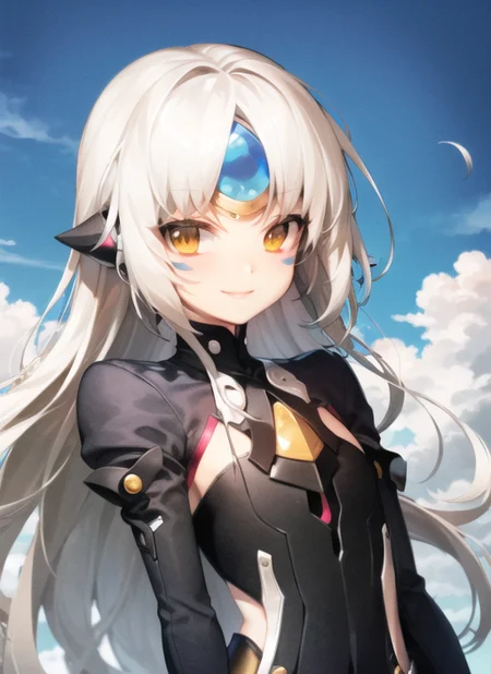 <lora:eve2-000008:1>, exotic1, upper body, smile, outdoors, simple background, sky, day,