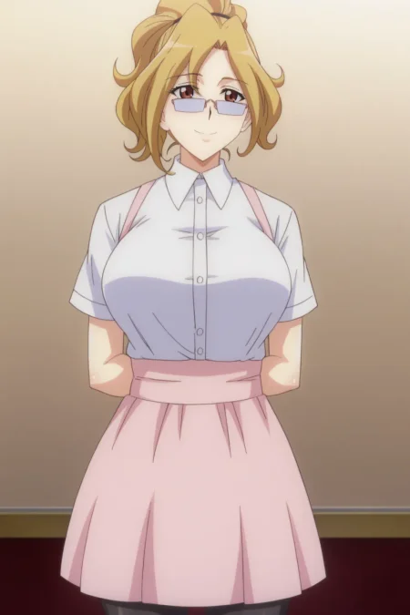 score_9, best masterpiece, 
1girl, solo,  smile , hands behind back,
YamaguchiMariko, breasts, large breasts, anime coloring, semi-rimless eyewear,
 white collared shirt with short sleeves, pink waist apron over short white skirt, shiny black pantyhose,
 <lora:JK3YamaguchiMarikoKarasawaShie_V5:0.8>