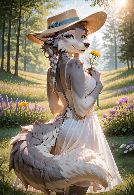 masterpiece, best quality, highres, 1girl, furry, solo, (anthro wolf girl:1.2), gray fur, gray twinbraids, green eyes, tail focus, (ribbon tied on tail), beautiful face, expressive pose, charming, alluring, thoughtful smile, looking at viewer, detailed background, soft lighting, bloom, cinematic, 8k, detailed face, fluffy tail, delicate features, ears folded back, EFB,  dropped ears, sunhat with flowers, (((ears under hat))), grass, wildflowers, spring ambiance, blurred background, soft body fur, ultra-detailed eyes, light dress, warm sunlight, volumetric lighting, high detail fur, perfect composition, 

