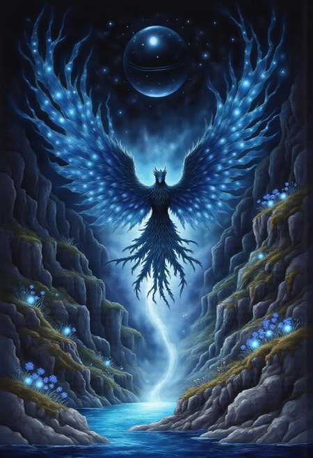 Studio Ghibli Dark Fairytale, smlstxtr, Black phoenix with fluorescent blue tones in the middle of the image, behind it a planet with a large ring and in the upper area shooting stars, a magical valley with dark tones illuminated by the light emitted by the phoenix, it has various plants which are luminescent, in the middle of the valley there is a river from which a little steam emanates. A sign that says Buzz = Happiness ♥