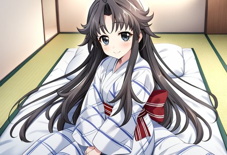 1girl, chisa\(memories off 6\), solo, futon, tatami, looking at viewer, pillow, black eyes, black long hair, red sash, red bow, white yukata, on bed, bed sheet, v arms, smile, indoors, blush, sidelocks, masterpiece, best quality, very aesthetic, absurdres,  <lora:chisa:1>