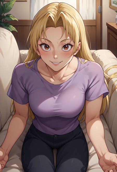 score_9, score_8_up,score_7_up, source_anime,1girl, solo, <lora:EPjjkTsukumoYuki:1>, EPjjkTsukumoYuki, long hair, blonde hair, brown eyes, parted bangs, purple t-shirt, black pants, outstretched arms, blush smiling, sitting on couch, in living room, looking at viewer, pov, incoming hug,